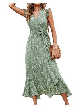 Floral Green Boho Maxi Dress Ruffle Sleeve V Neck Wrap Beach Wedding